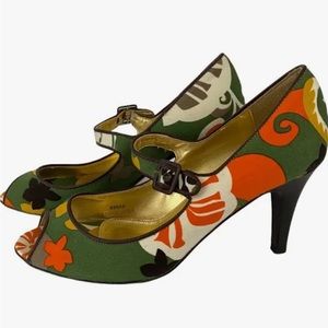 Flower Print Canvas J Crew open Toe High Heel Pumps